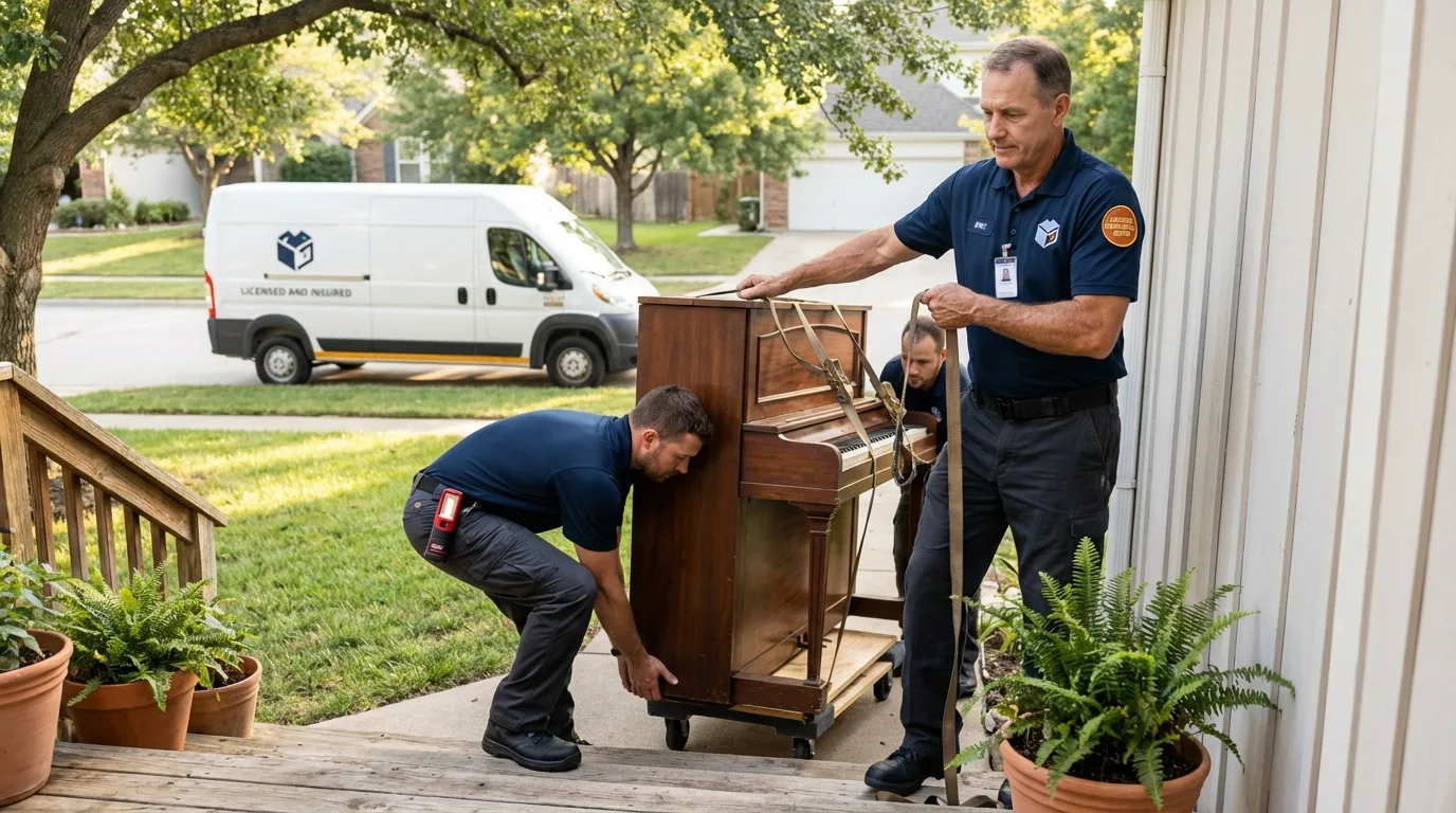 Licensed piano movers securing grand piano in Napoleon, MI