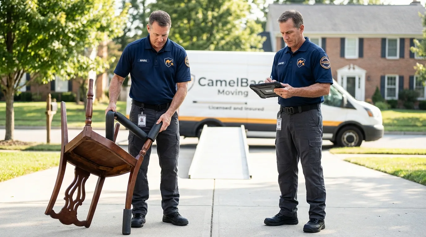 Movers inspecting furniture for damage prevention before loading in Napoleon, MI