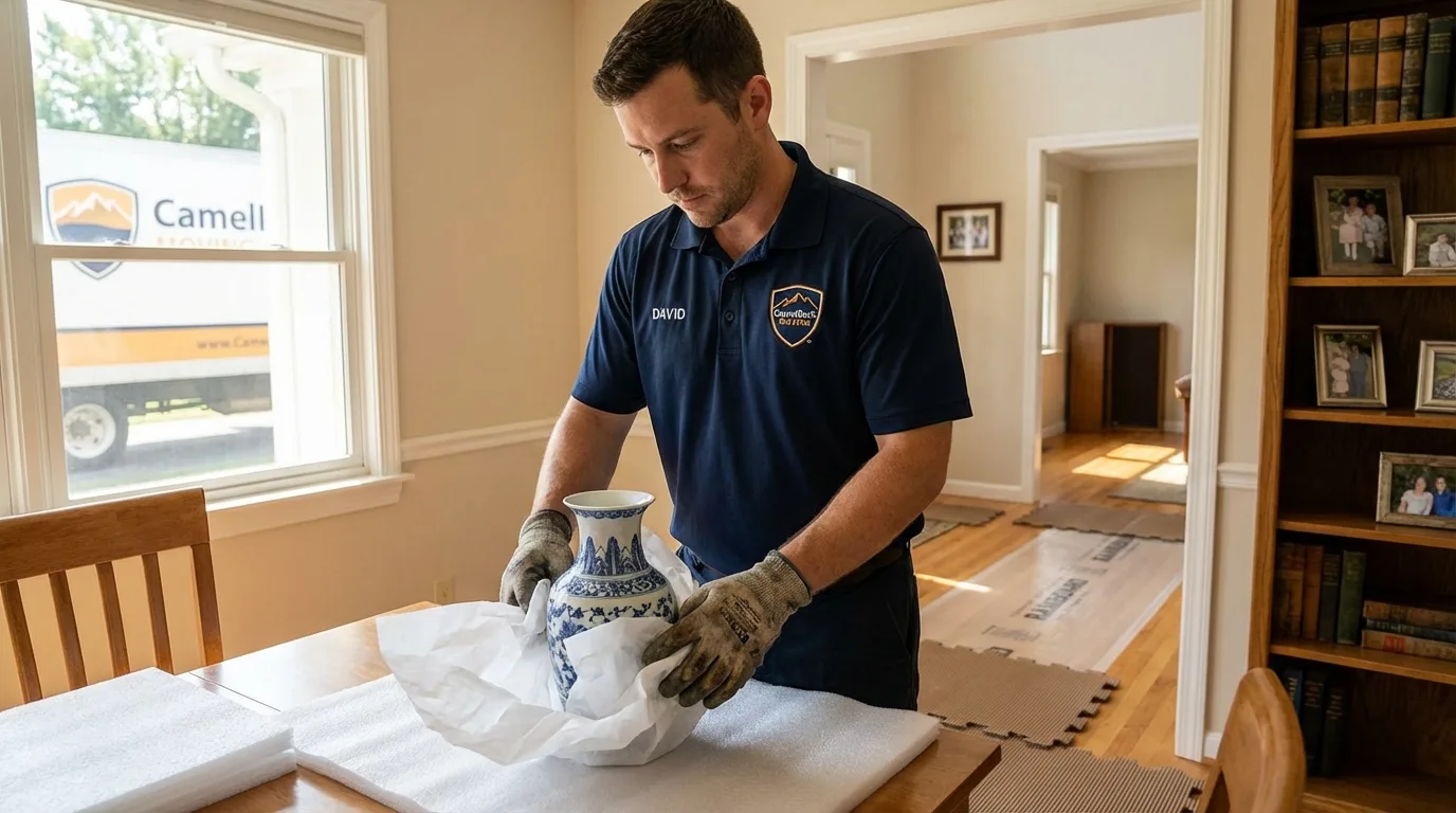 Professional crew carefully wrapping antique vase for senior downsizing move in Napoleon, MI